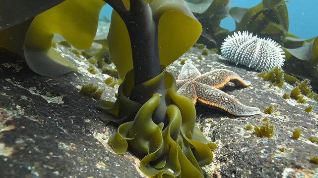 Starfish Moving Through Kelp Forest on Ocean Floor Underwater
