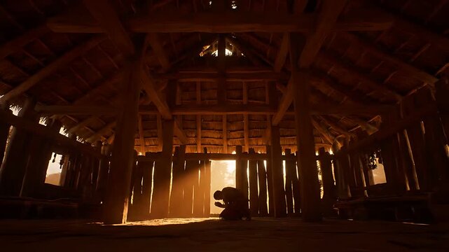 Silhouette of a lone figure kneeling inside a dimly lit, ancient wooden longhouse structure during a dramatic sunlit moment.