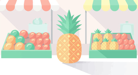 A colorful fruit stall displays pineapples, oranges, and red fruits under awnings