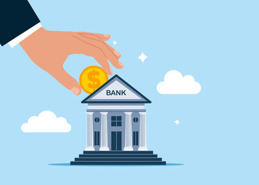 Hand putting dollar money a house bank money savings. Banking and financial services. Flat vector illustration.