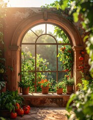 Rustic Arched Window Overlooking a Tomato Garden in Warm Sunlight