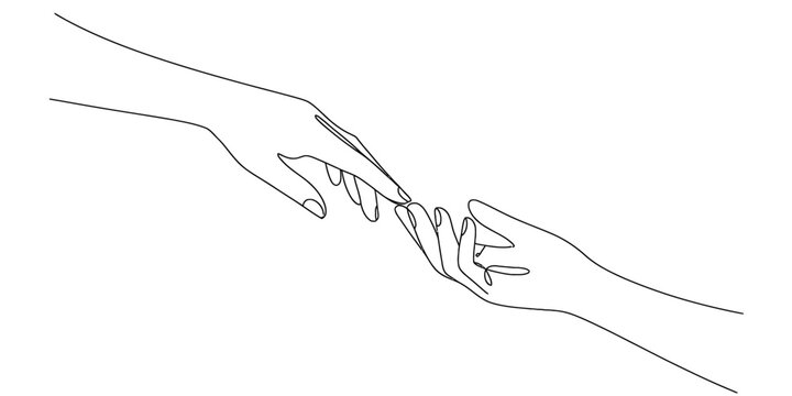 Minimalist continuous line drawing of two hands reaching out to touch each other Vector, illustration