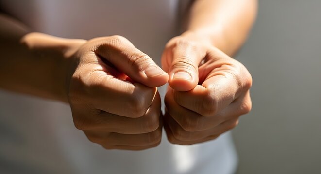 A person cracking their knuckles with their hands in a relaxed position