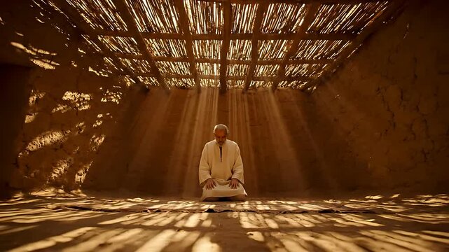 Elderly man in traditional white robe kneeling in humble prayer beneath shafts of dramatic sunlight filtering through a thatched roof structure indoors.