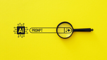 AI Search Optimization Concept with Prompt Analysis, Artificial Intelligence Search Engine, Generative AI Query, Machine Learning Technology, SEO Strategy and Data Discovery on Yellow Background