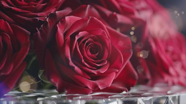 Close-up of a bouquet of deep red roses arranged on a reflective surface in soft focus