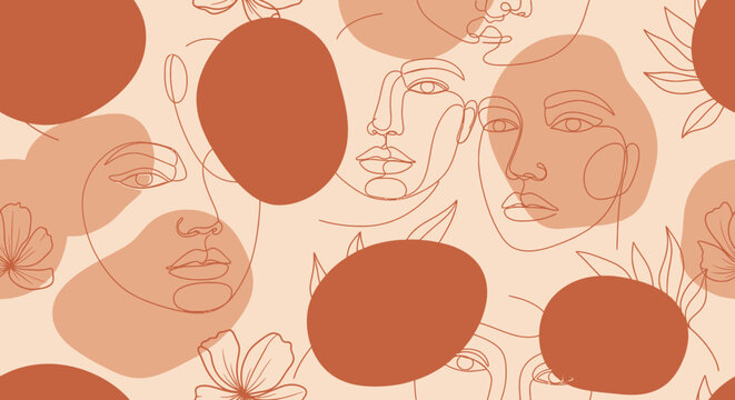 Minimalist line art faces with flowers and leaves in warm tones