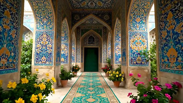 Exquisite view down an ornate, richly decorated historic corridor featuring intricate blue and gold mosaic tilework and vibrant potted flowers leading to a central doorway.