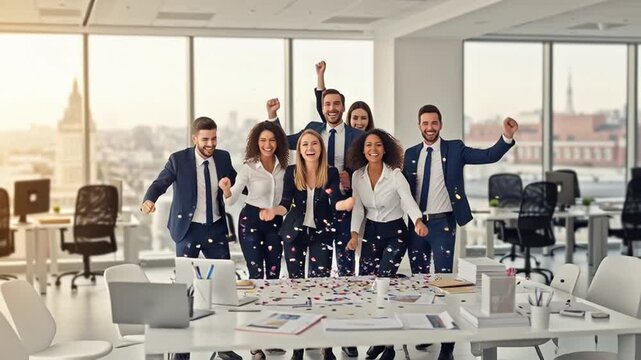 Business team celebrating in office.