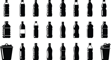 Plastic bottle silhouettes set with recycling bin and trash can icons © Charutha