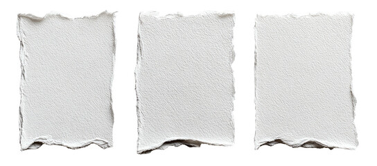Three blank torn rectangular pieces of white paper with textured surface against a black backdrop