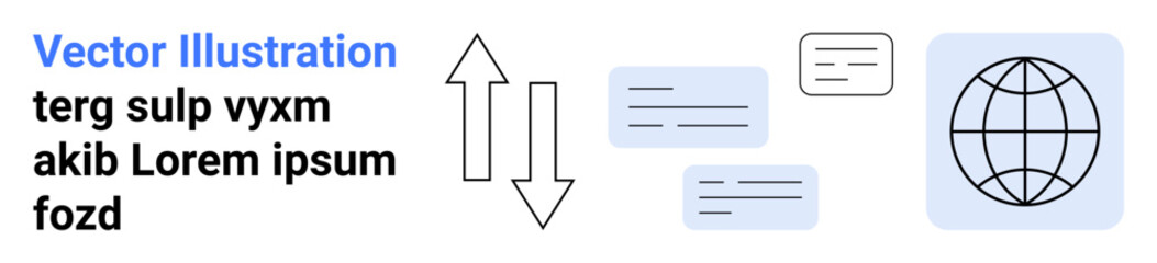 Digital communication, data sharing, globalization, networking, online platforms, messaging systems. Globe, arrows and message bubbles. Digital communication and data sharing concept