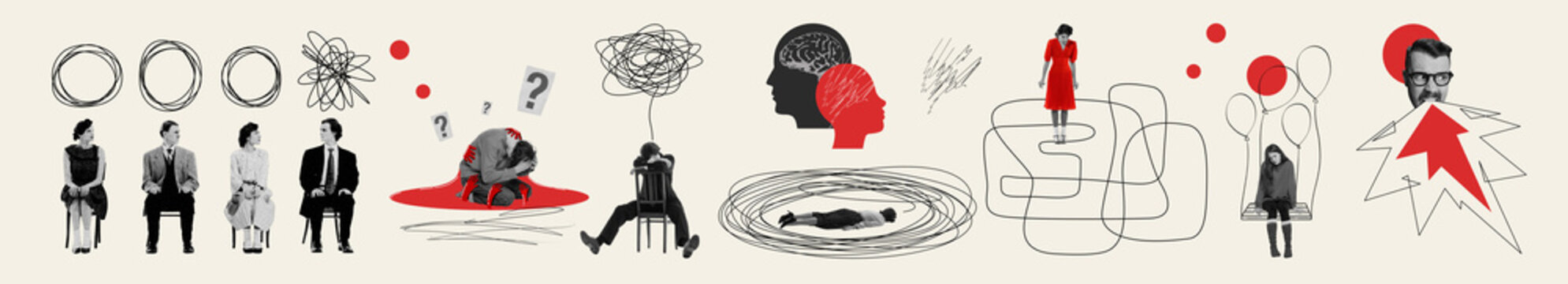 Conceptual collage of 8 business people facing confusion stress and decision pressure. Concept of corporate psychology, workplace anxiety, decision making, and communication visuals. Banner