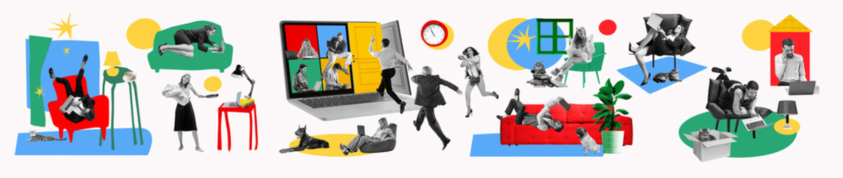 Modern business life chaos and work imbalance composition. Concept of workplace stress, remote work challenges, productivity disruption, corporate lifestyle, and business communication visuals. Banner
