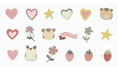 Fototapeta premium Cute hand drawn decorative doodle vector set with hearts animals and flowers