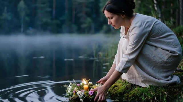 Woman placing floating candle wreath on forest lake at dusk