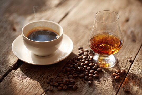 Cozy still life: coffee cup, cognac glass and coffee beans on a warm wooden table