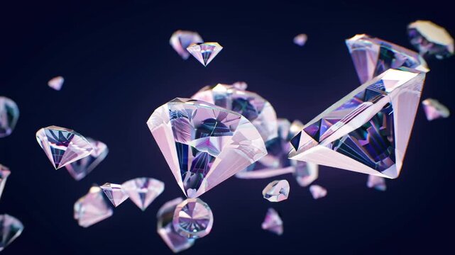 4K video floating diamonds gemstones rotating slowly, X-ray luminescence reveals glowing internal lattice, veins hidden inclusions prism light refracting structure, minimal dark gradient ethereal neon