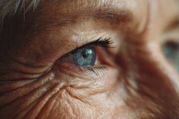 Melancholy gaze: a close-up of an older woman's eyes amid soft light and aged textures