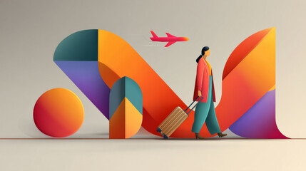 Abstract background symbolic airport with silhouette of businesswoman