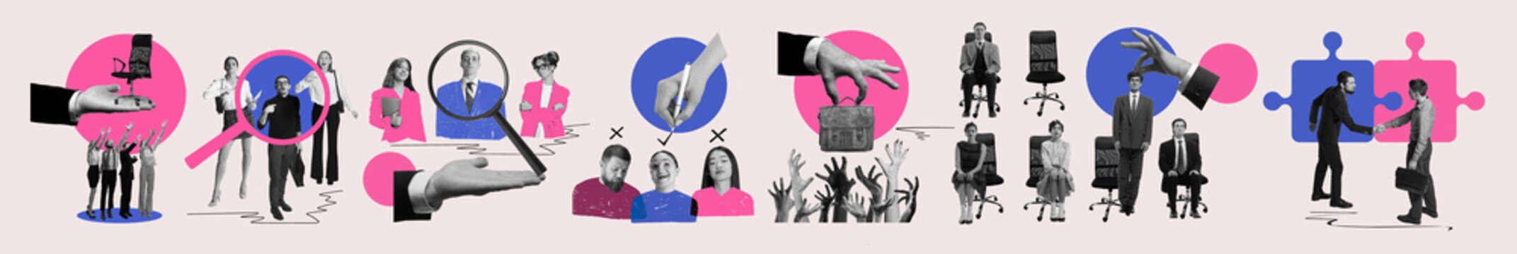 Conceptual collage recruitment hiring and team selection process. Concept of talent search, HR decision making, candidate evaluation, corporate staffing, and business communication visuals. Banner
