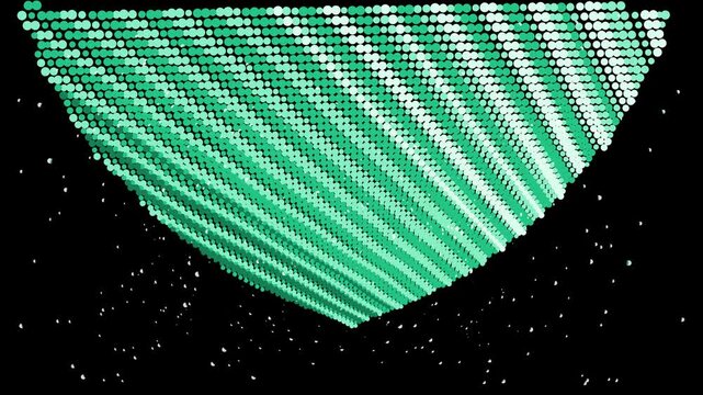 A large, curved digital display or light installation composed of numerous glowing green pixels against a dark background, creating a futuristic visual.
