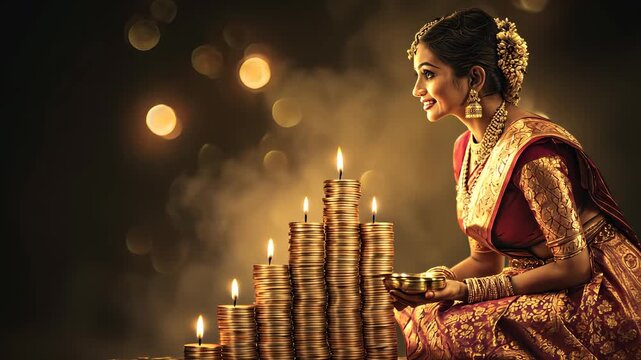 Celebrating Prosperity Woman in Traditional Attire with Diwali Decorations