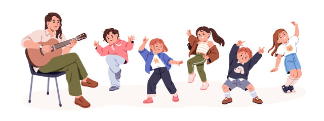 Fototapeta na wymiar Children dancing, teacher playing guitar. Happy kids, active joyful preschool group moving to music with fun and energy. Boys and girls dance. Flat vector illustration isolated on white background