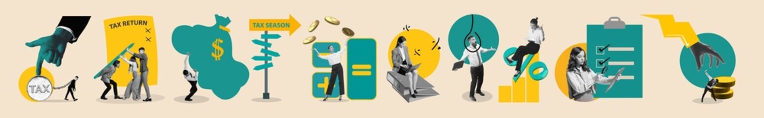 Conceptual collage tax season finance and accounting workflow. Concept of tax return preparation,...