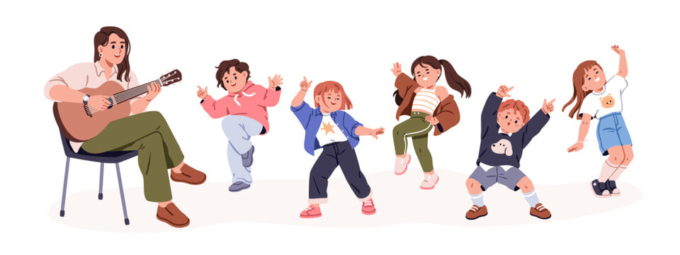 Children dancing, teacher playing guitar. Happy kids, active joyful preschool group moving to music with fun and energy. Boys and girls dance. Flat vector illustration isolated on white background