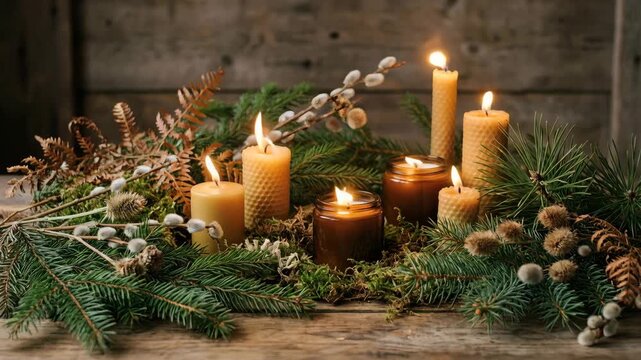 Imbolc pagan altar with candles and evergreen branches