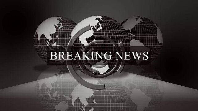 Breaking news globe broadcast background animation, Three colorful globes with grid lines reflected on glossy surface