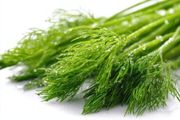 Fototapeta premium Fresh dill arranged on a clean white backdrop under soft lighting