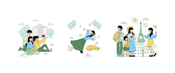 Fototapeta premium Family Scenes Outdoors Vector Illustration Set