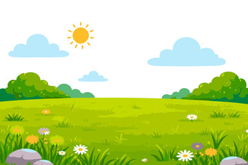 Cheerful Cartoon Nature Scene: Sunny Field with Flowers, Grass, and Blue Sky