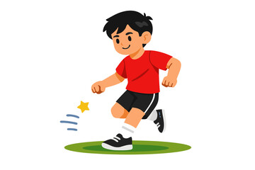 Cartoon Child Playing Soccer: Energetic Kick with Motion Effect on Green Field