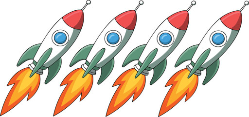 Cute Cartoon Rocket Ships Vector – Launching Space Rockets with Fire Trail © MDABU