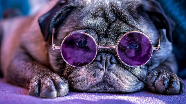 Stylish Pug Dog Wearing Sunglasses Relaxing at Home