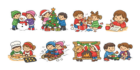 Festive cartoon scenes of children celebrating christmas with decorations and winter fun
