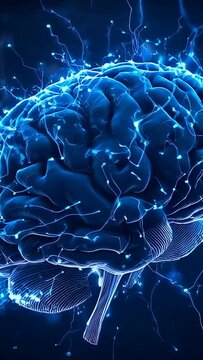 Vertical video: Rotating 3D brain model pulsing along filaments in navy void, with synapse sparks