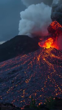 Vertical video: Erupting volcanic cone producing violent burst on mountain flank, sending lava bomb