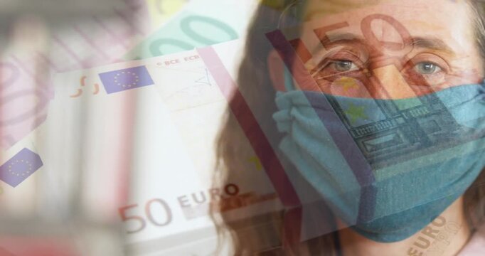 Digital composite video of stack of Euro bills against woman wearing face mask in background