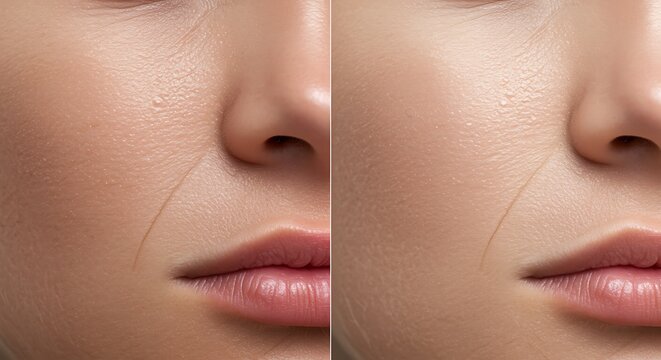 woman face closeup with wrinkles and fine lines on skin before and after beauty treatment or skincare