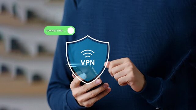 Close-up of hand pressing digital ON switch to enable VPN service for private browsing, anonymous browsing, data encryption protection and secure online network for personal privacy