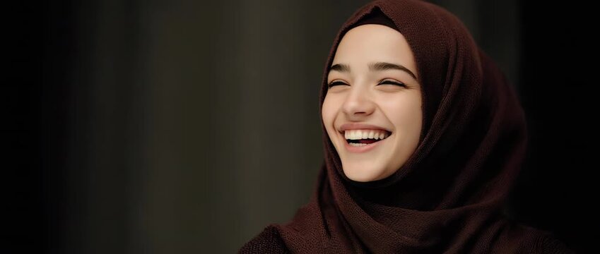 Beautiful young Muslim woman laughing joyfully, wearing a modern hijab, authentic cheerful expression, sincere happiness and positive lifestyle.