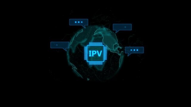 Ipv technology concept with glowing blue chip and speech bubbles on map background computer chip microchip