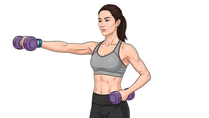 Fototapeta premium A fit woman engaging in a dynamic workout with dumbbells in a modern fitness environment.