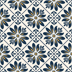  Seamless Mediterranean tile pattern with intricate blue ceramic mosaic design, featuring ornate floral motifs and traditional Italian ornamental elements for elegant backgrounds