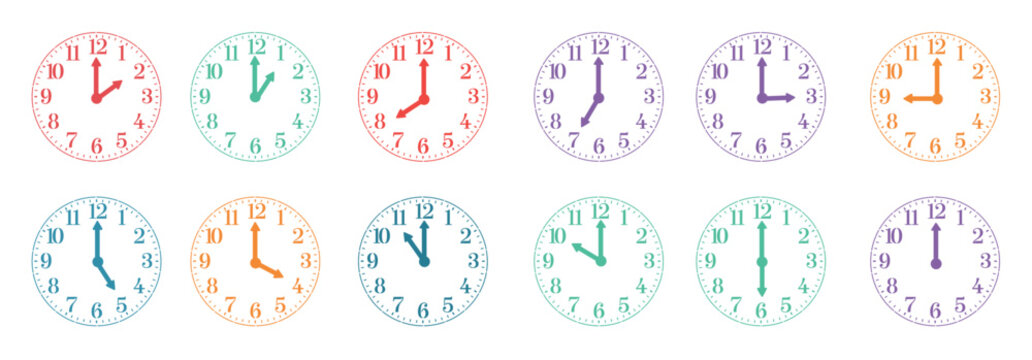 Set of twelve colorful analog clocks showing each hour from one to twelve