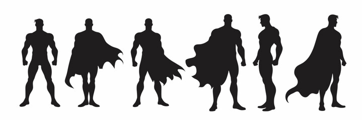  silhouette illustrations of male superheroes in various © Jsksh